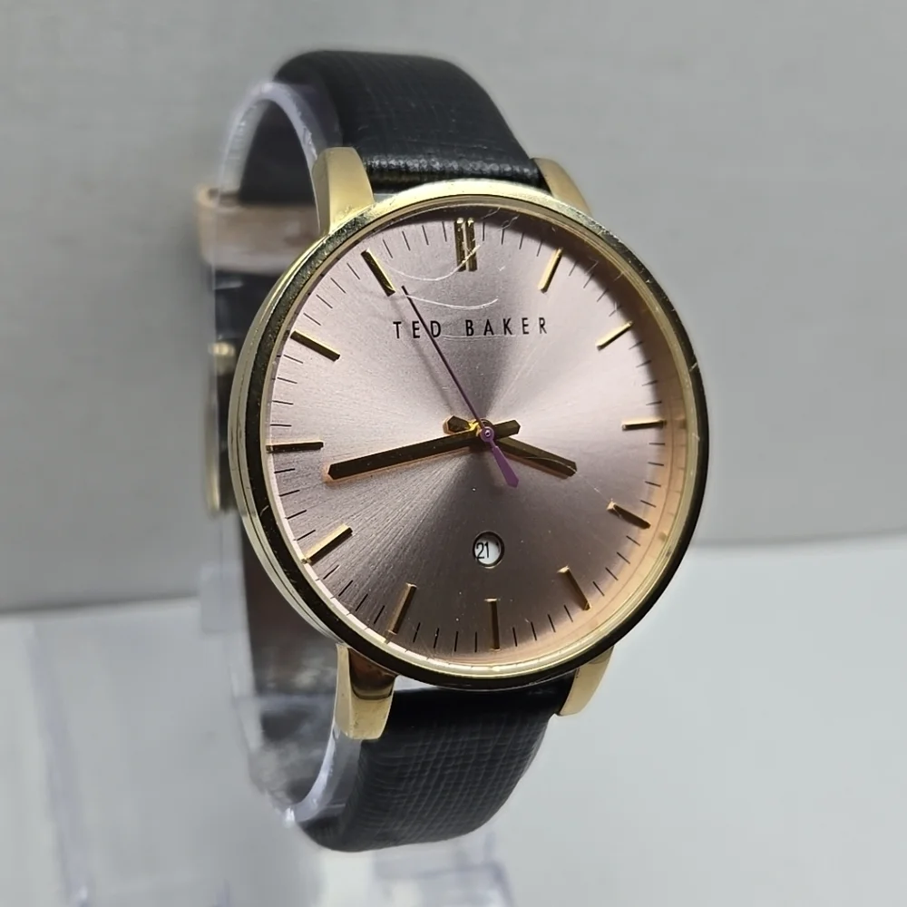 Ted Baker Kate Women's Watch Pink Date Dial Black Leather Band New Battery